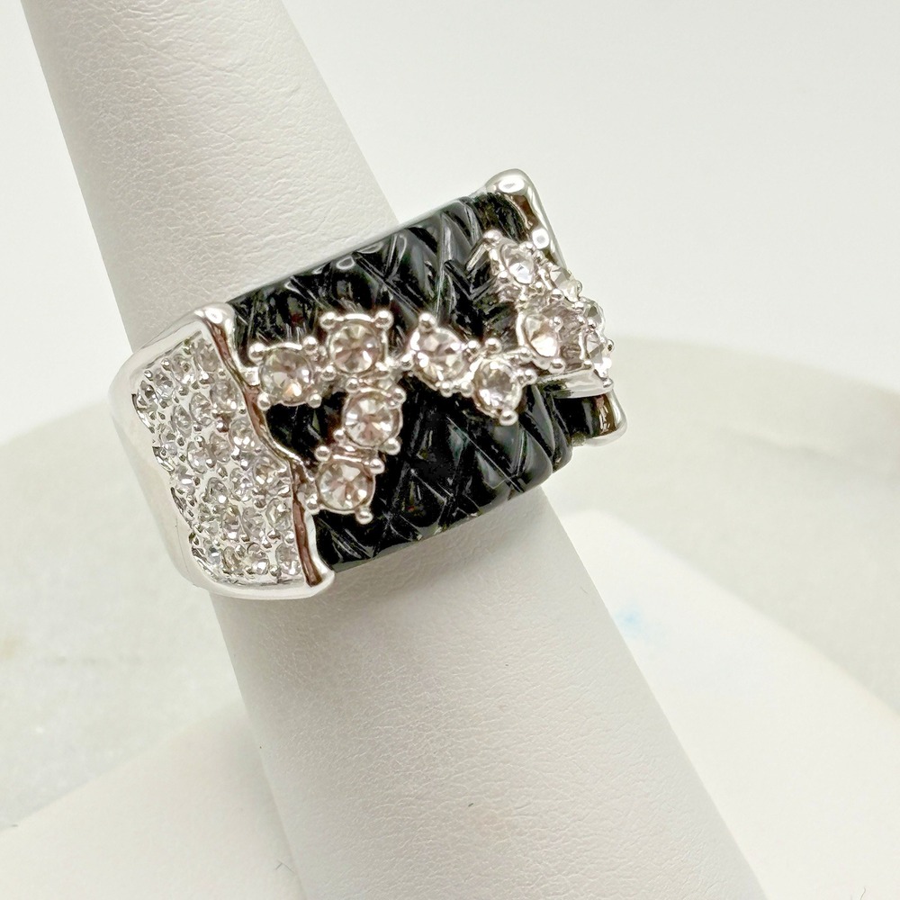 Rhodium Plated Cocktail Ring 7 Black Silver Tone Party Gift NWOT Camille Lucie